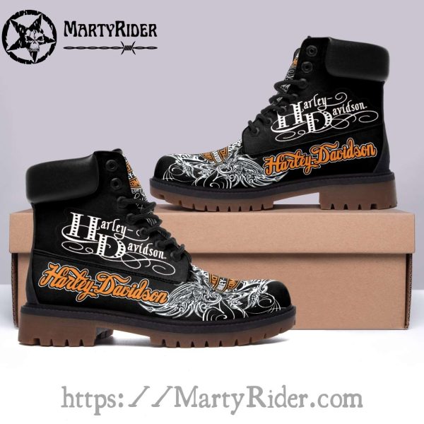 Engraved Script Harley Davidson Shoes With White Art