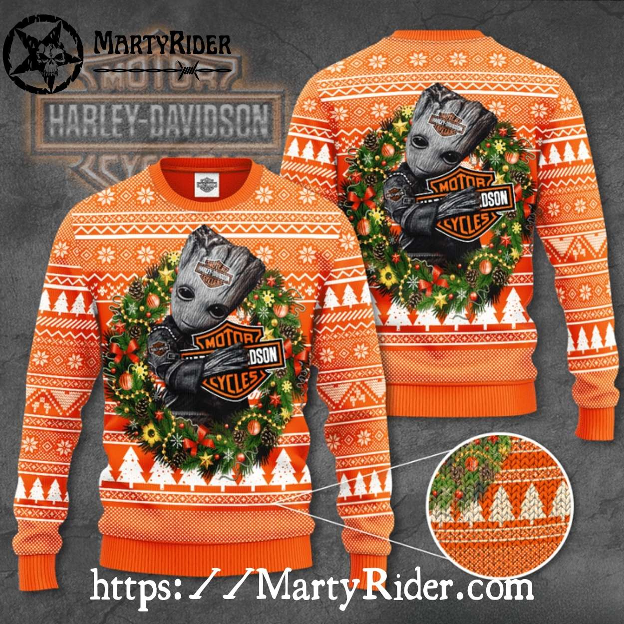 Festive Orange Groot Harley Davidson Ugly Xmas Sweater Festive Orange Groot Harley Davidson Ugly Xmas Sweater
