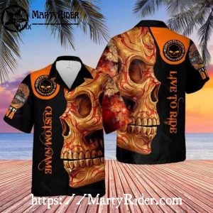 Fiery Gold Skull Harley Davidson Aloha Shirt With Custom Name