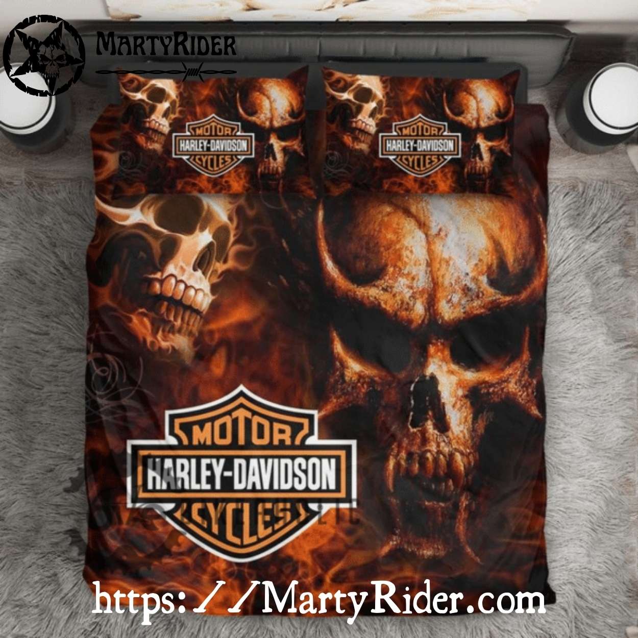 Fiery Skull Duo Harley Davidson Bedding Set Fiery Skull Duo Harley Davidson Bedding Set