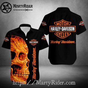 Fiery Skull Graphic Harley Davidson Hawaiian Shirt Black