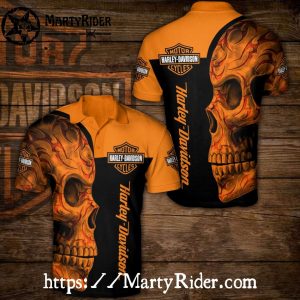 Fiery Skull Print Harley Davidson Polo Shirt Orange Flames