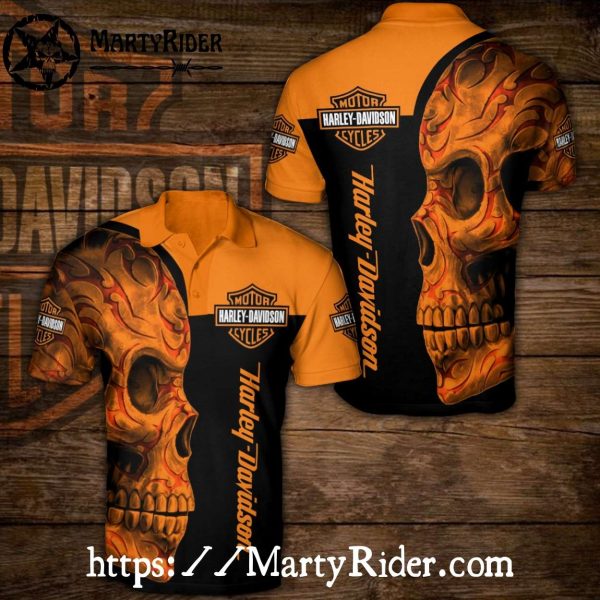 Fiery Skull Print Harley Davidson Polo Shirt Orange Flames