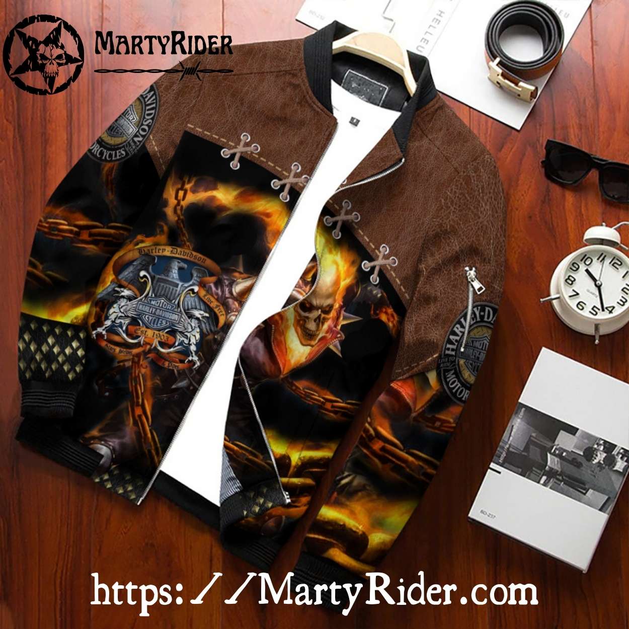Flaming Skull Chains Leather bomber Harley Davidson Jacket Flaming Skull Chains Leather bomber Harley Davidson Jacket