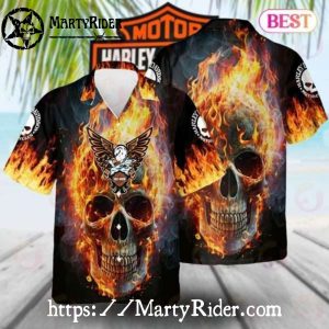 Flaming Skull Harley Davidson Aloha Shirt With Eagle Crest