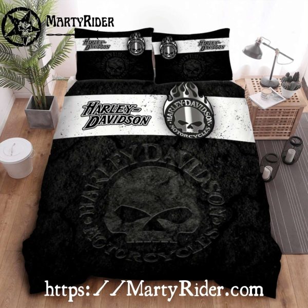 Flaming Skull Harley Davidson Bedding Sets Black Texture