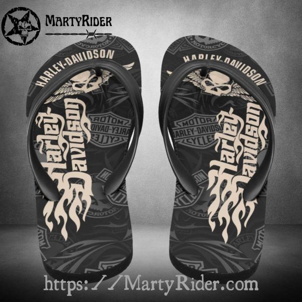Flaming Skull Harley Davidson Flip Flops Dark Bold