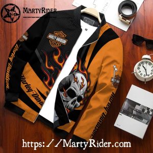 Flaming Skull Orange Harley Davidson Bomber Jacket