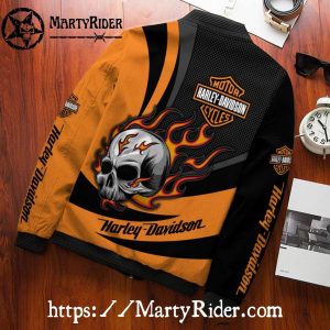 Flaming Skull Orange Harley Davidson Bomber Jacket
