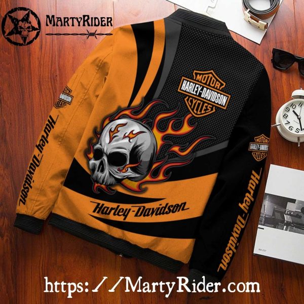 Flaming Skull Orange Harley Davidson Bomber Jacket