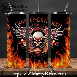 Flaming Skull Wings Harley Davidson Skinny Tumbler 20oz