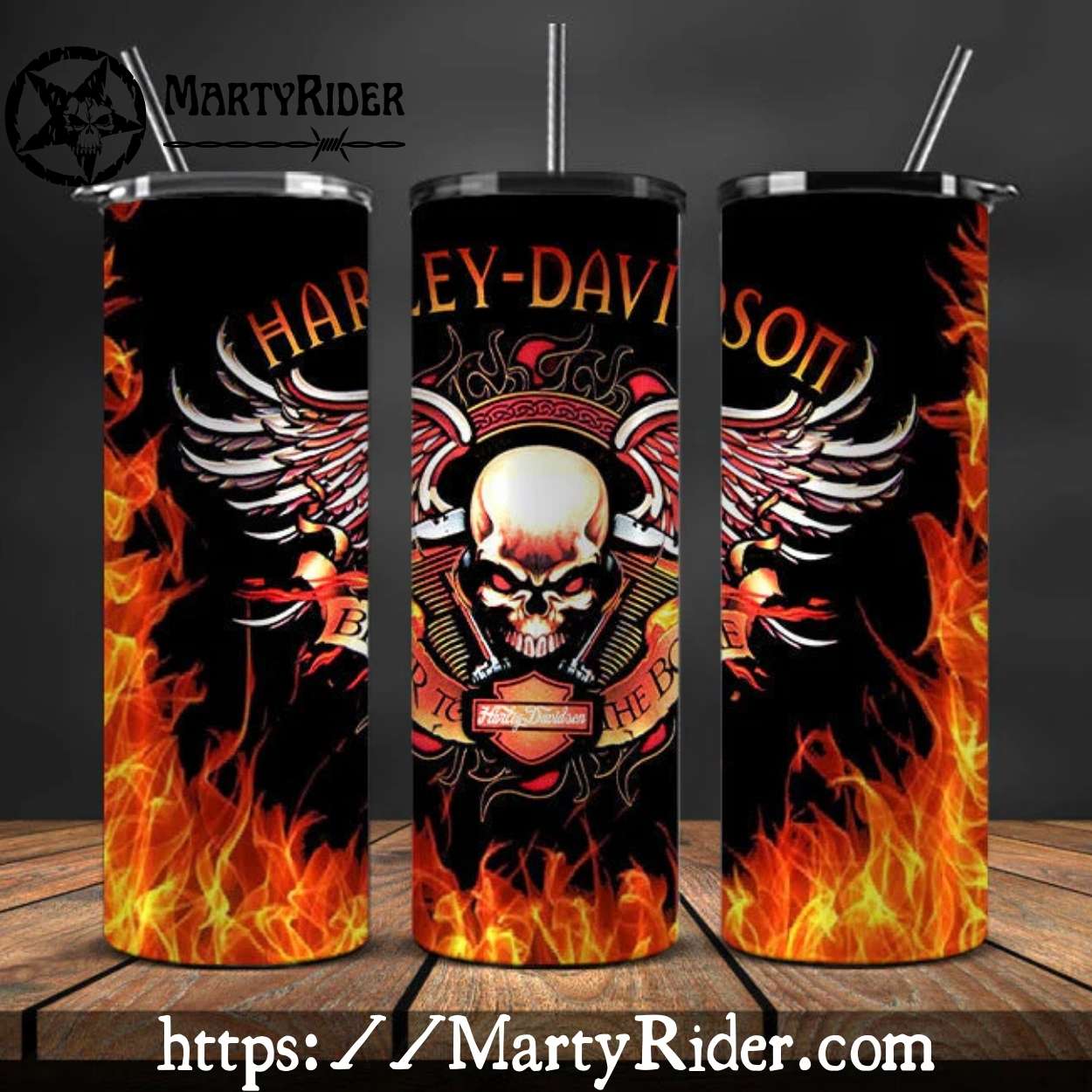 Flaming Skull Wings Harley Davidson Skinny Tumbler 20oz Flaming Skull Wings Harley Davidson Skinny Tumbler 20oz