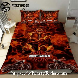Flaming Skull and Bikes Harley Davidson Bedding Sets