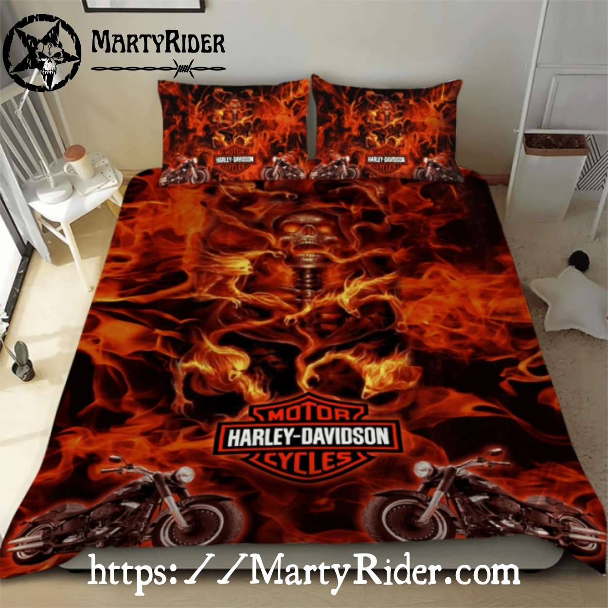 Flaming Skull and Bikes Harley Davidson Bedding Sets Flaming Skull and Bikes Harley Davidson Bedding Sets