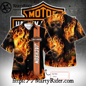 Flaming Skulls All Over Harley Davidson Aloha Shirt