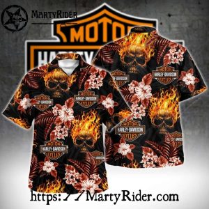 Flaming Skulls And Hibiscus Harley Davidson Aloha Shirt