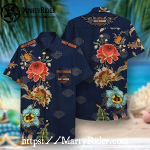 Floral Navy Harley Davidson Hawaiian Shirt With Badges