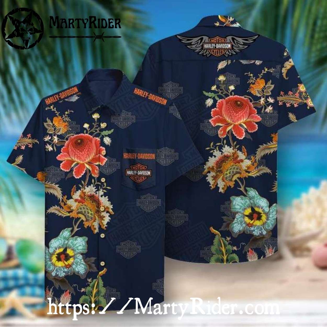 Floral Navy Harley Davidson Hawaiian Shirt With Badges Floral Navy Harley Davidson Hawaiian Shirt With Badges