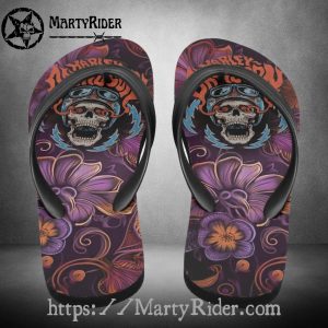 Floral Skull Harley Davidson Flip Flops Purple Ink
