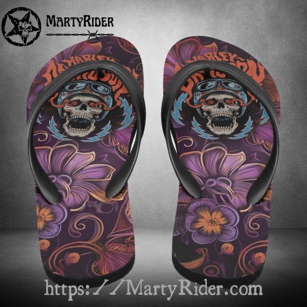 Floral Skull Harley Davidson Flip Flops Purple Ink