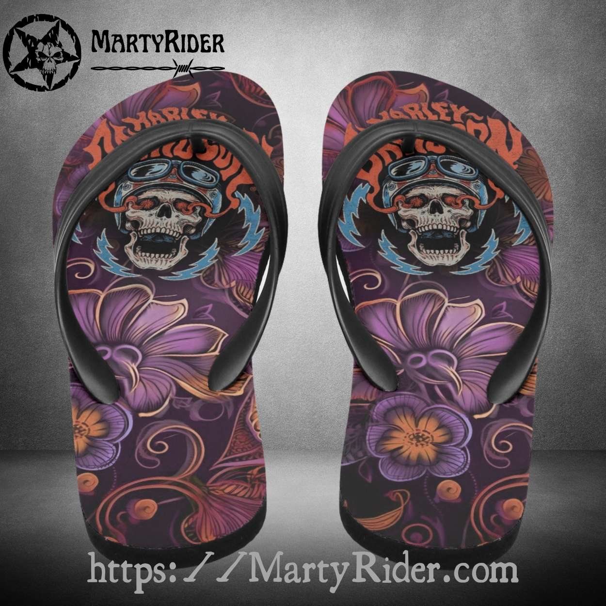 Floral Skull Harley Davidson Flip Flops Purple Ink Floral Skull Harley Davidson Flip Flops Purple Ink