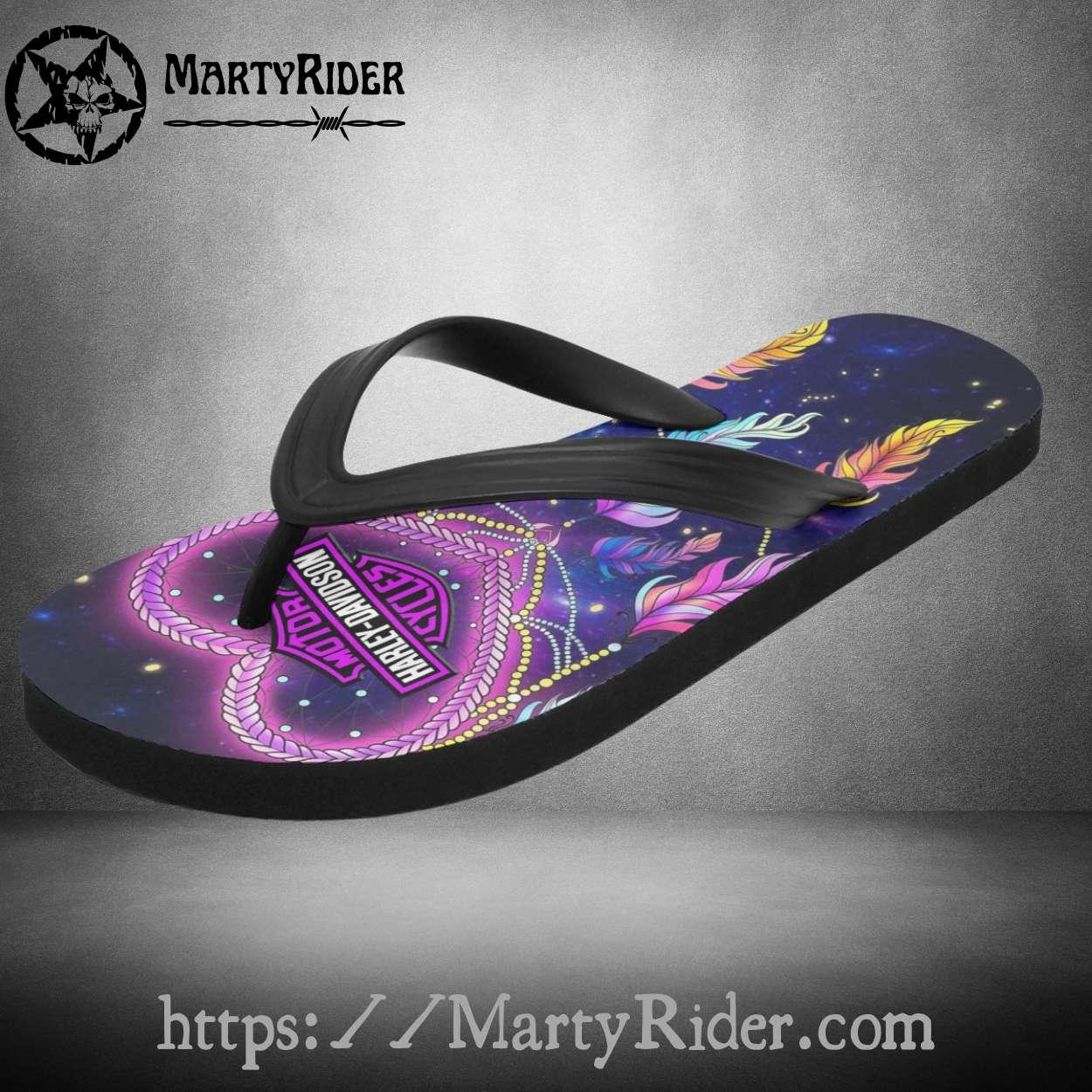 Galaxy Dream Harley Davidson Flip Flops with Feathers Galaxy Dream Harley Davidson Flip Flops with Feathers