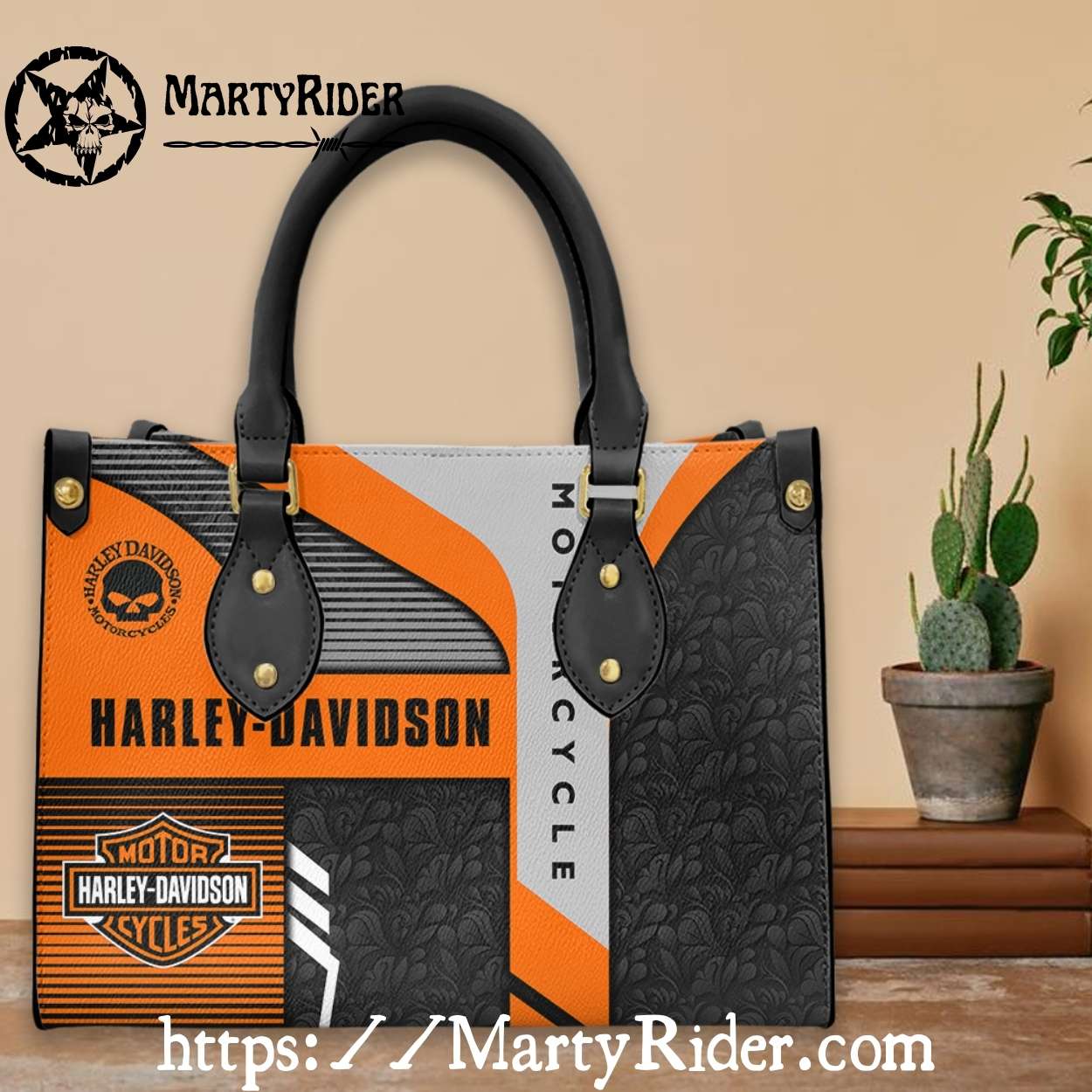 Geometric Orange Harley Davidson Leather Tote for Her Geometric Orange Harley Davidson Leather Tote for Her