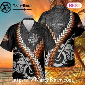 Geometric Tribal Harley Davidson Aloha Shirt With Rider Graphic