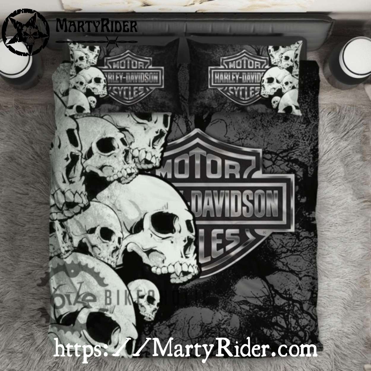 Ghostly Skull Stack Harley Davidson Bedding Set Ghostly Skull Stack Harley Davidson Bedding Set