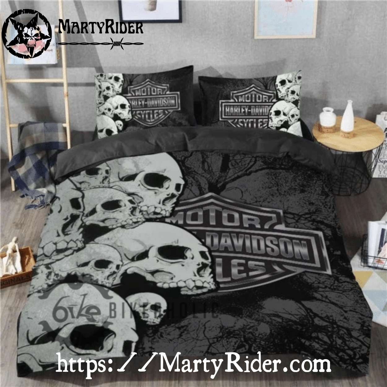 Ghostly Skull Stack Harley Davidson Bedding Set Ghostly Skull Stack Harley Davidson Bedding Set
