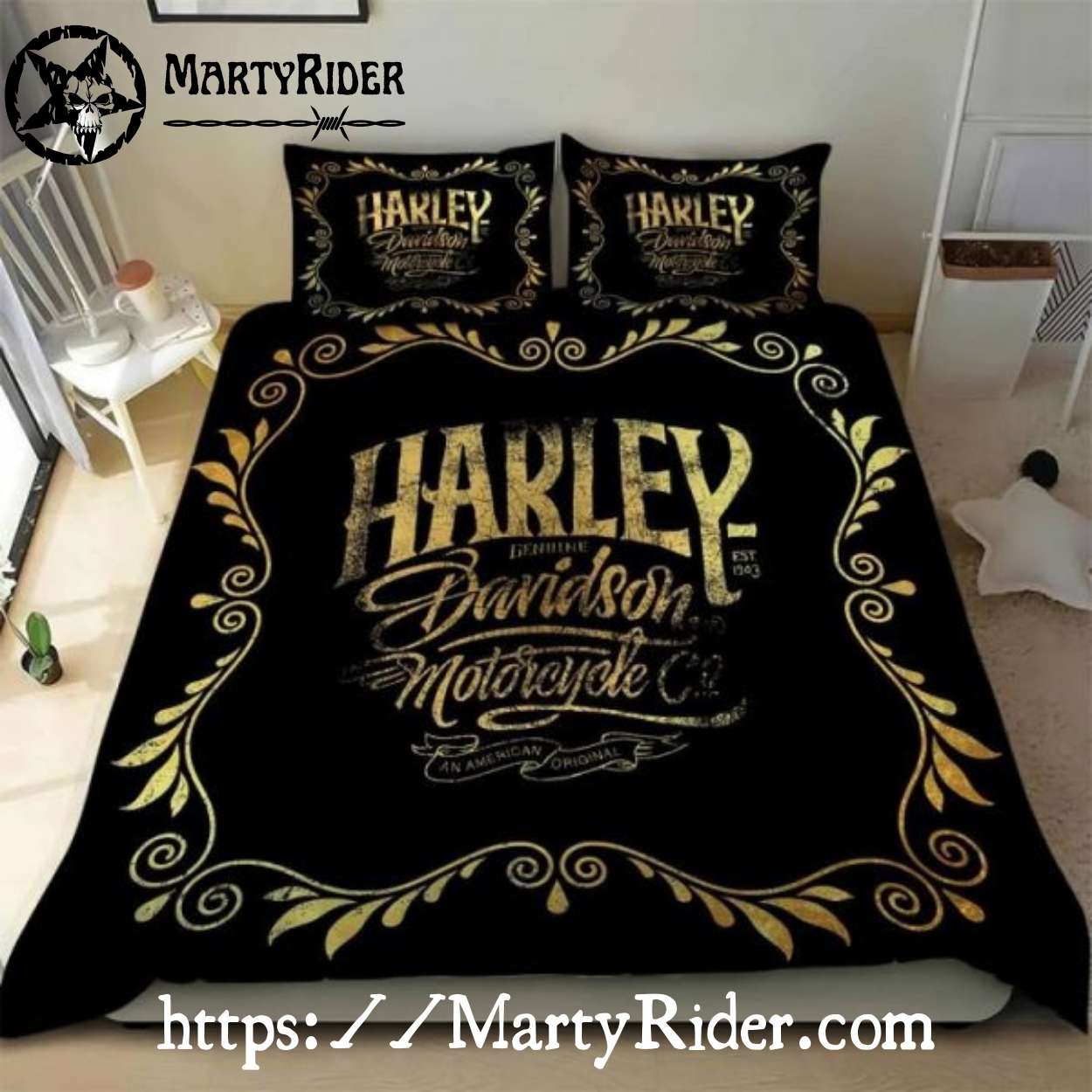 Gold Foil Lettering Harley Davidson Bedding Sets Vintage Look Gold Foil Lettering Harley Davidson Bedding Sets Vintage Look