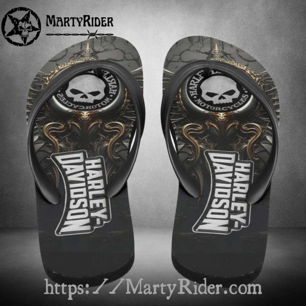 Gothic Emblem Harley Davidson Flip Flops Baroque Skull