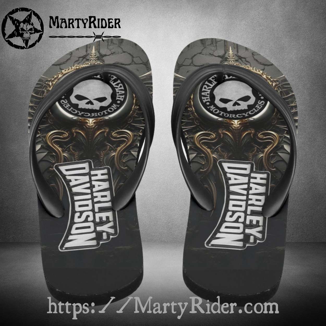 Gothic Emblem Harley Davidson Flip Flops Baroque Skull Gothic Emblem Harley Davidson Flip Flops Baroque Skull