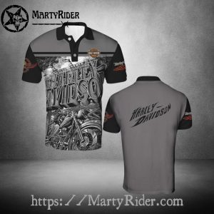 Gray Black Graphic Harley Davidson Polo Shirt Biker Ride