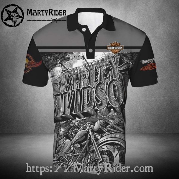 Gray Black Graphic Harley Davidson Polo Shirt Biker Ride