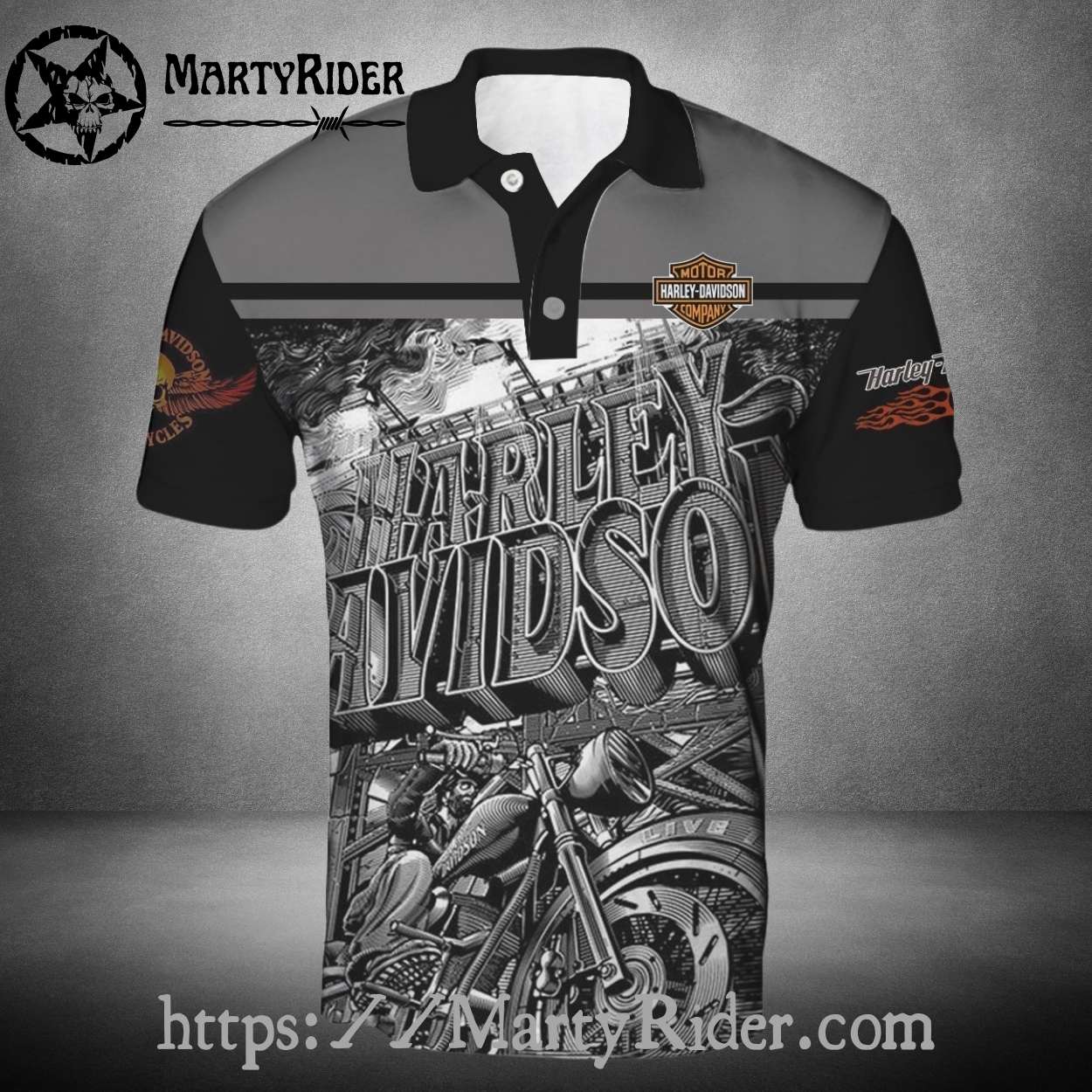 Gray Black Graphic Harley Davidson Polo Shirt Biker Ride Gray Black Graphic Harley Davidson Polo Shirt Biker Ride