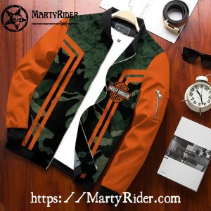 Green Camo Style Harley Davidson Bomber Jacket with Orange Sleeves