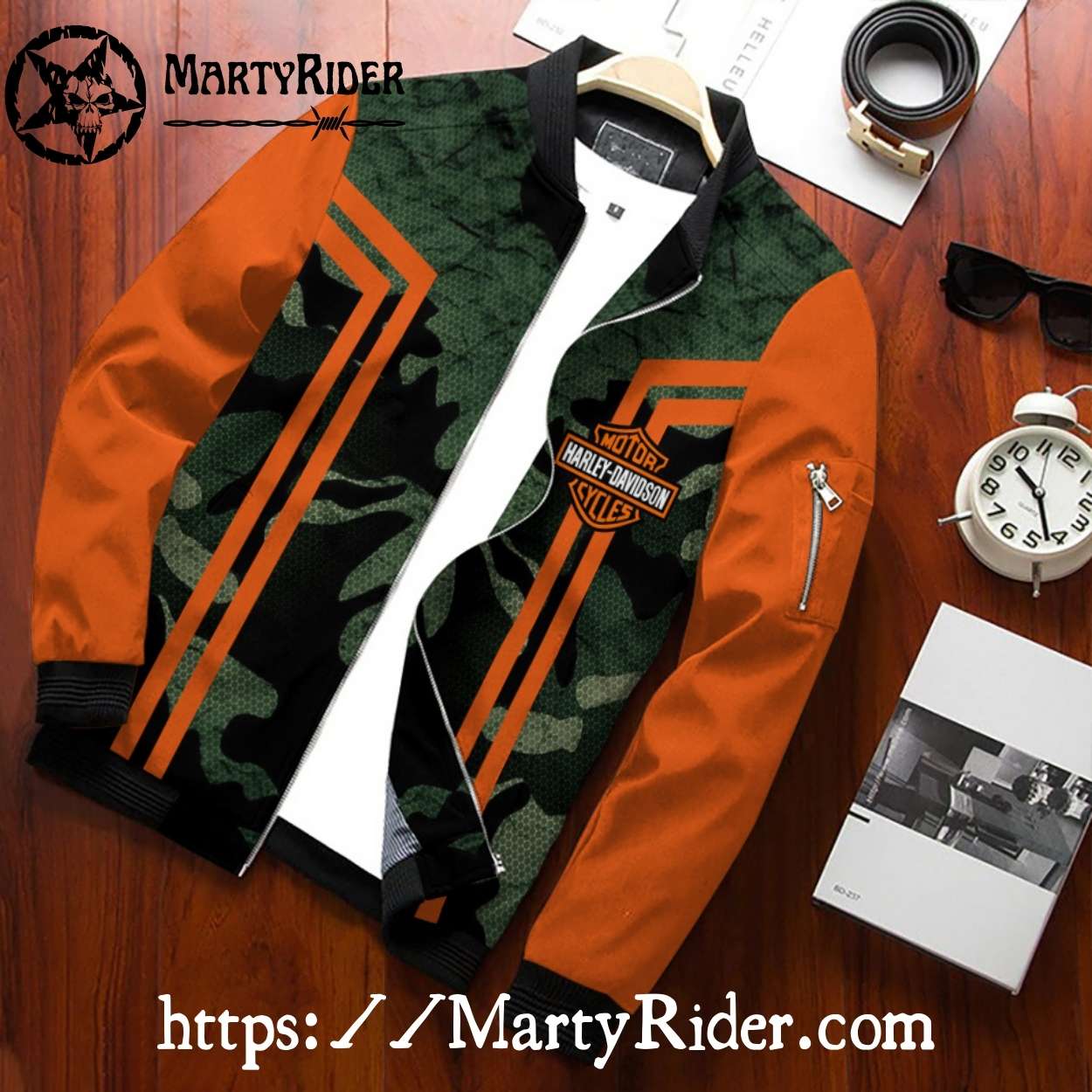 Green Camo Style Harley Davidson Bomber Jacket with Orange Sleeves Green Camo Style Harley Davidson Bomber Jacket with Orange Sleeves