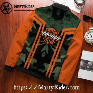 Green Camo Style Harley Davidson Bomber Jacket with Orange Sleeves
