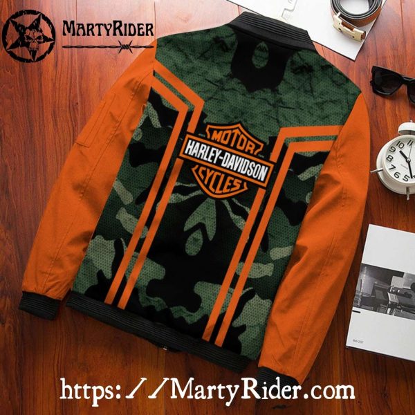 Green Camo Style Harley Davidson Bomber Jacket with Orange Sleeves