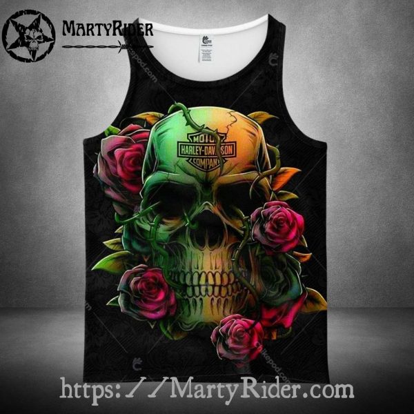 Green Skull with Roses Tank Top Harley Davidson Look