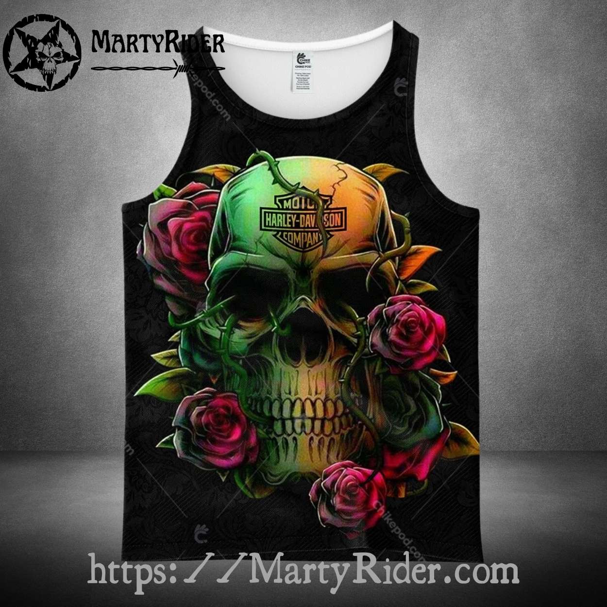 Green Skull with Roses Tank Top Harley Davidson Look Green Skull with Roses Tank Top Harley Davidson Look