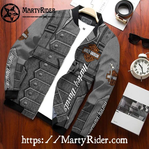 Grey Leather Vest Look bomber Harley Davidson Bomber Jacket