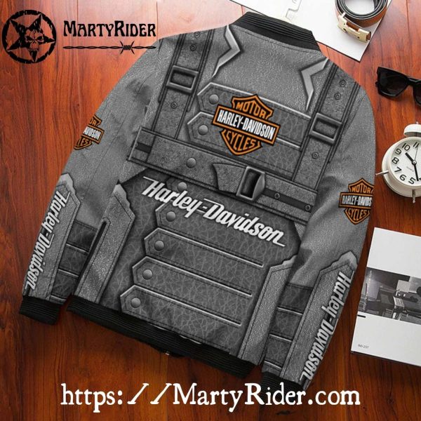 Grey Leather Vest Look bomber Harley Davidson Bomber Jacket