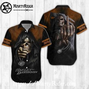 Grim Reaper Harley Davidson Aloha Shirt With Middle Finger Design