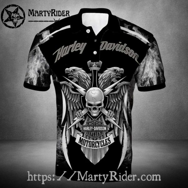 Grim Skull Wings Harley Davidson Polo Shirt with Smoke Art
