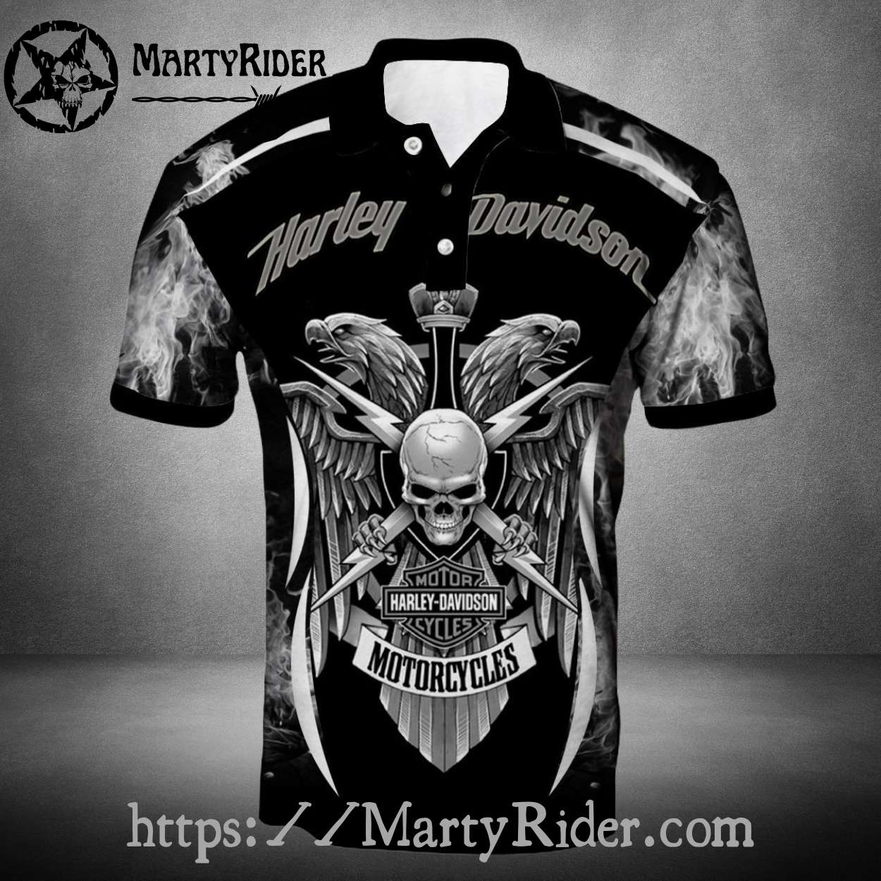 Grim Skull Wings Harley Davidson Polo Shirt with Smoke Art Grim Skull Wings Harley Davidson Polo Shirt with Smoke Art