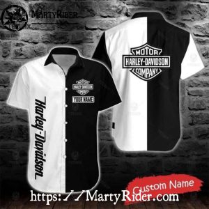 Half-White Half-Black Harley Davidson Aloha Shirt With Bold Print