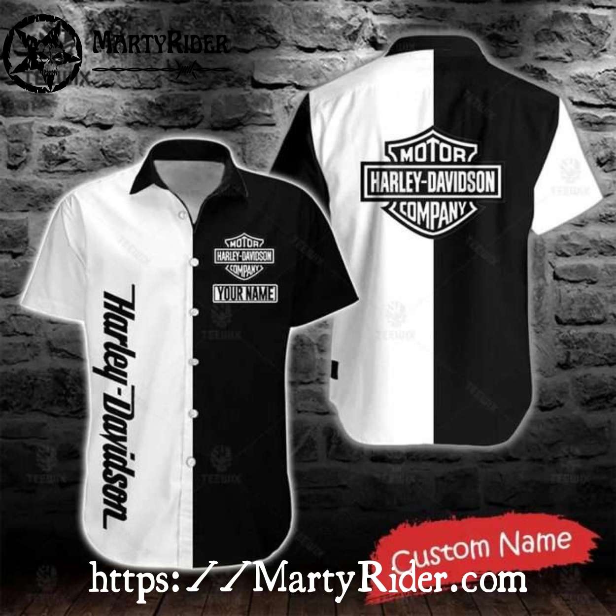 Half-White Half-Black Harley Davidson Aloha Shirt With Bold Print Half-White Half-Black Harley Davidson Aloha Shirt With Bold Print