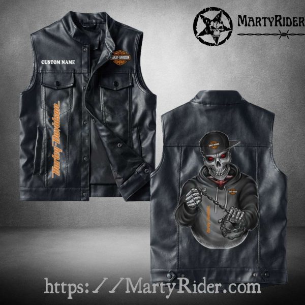 Harley Davidson Biker Vest Skeleton Chain Black Leather